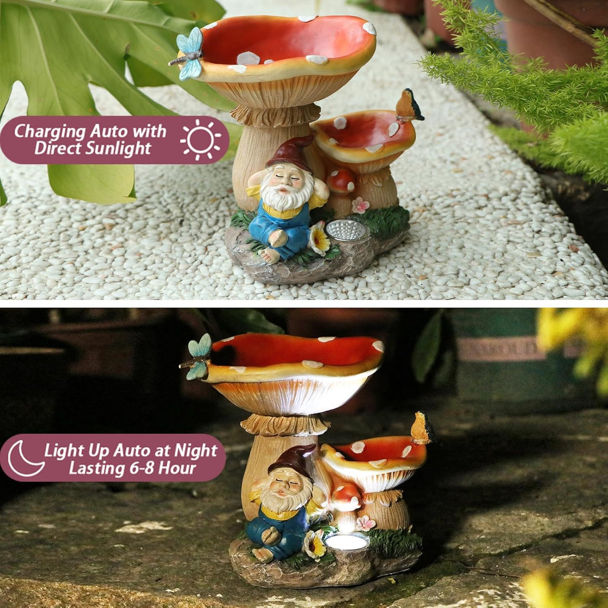 Garden Gnome Statue, Solar Powered Gnome Figurine with Mushroom Decor, Waterproof Resin Lawn