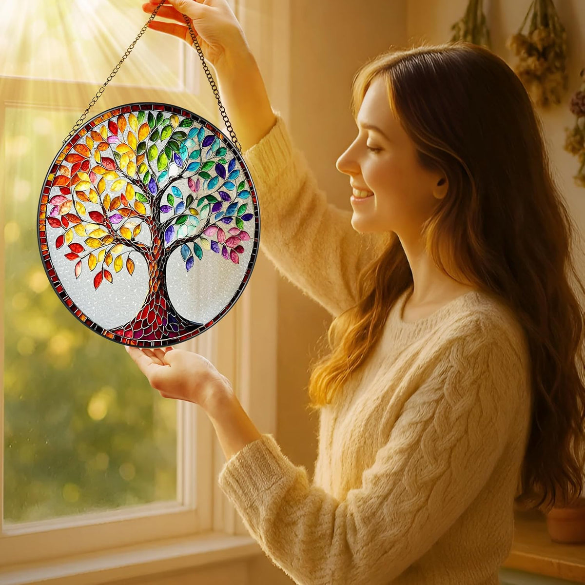 8'' Tree of Life Sun Catcher Ornament, Stained Glass Window Hanging, Suncatchers for Windows