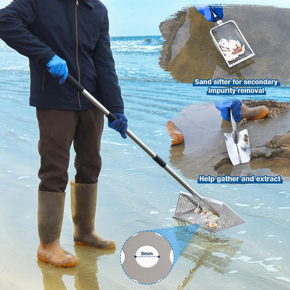 Sand Flea Rake, Long Handle Sand Sifter for The Beach, Stainless Steel Shark Tooth Sifter Comes