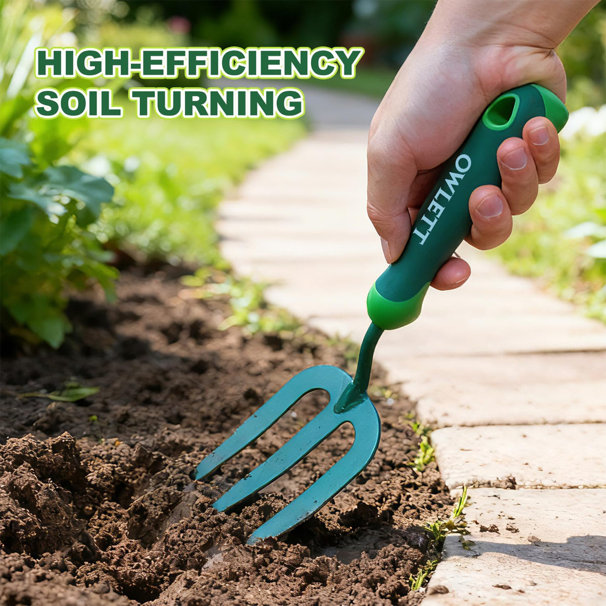 Owlett Garden Hand Fork, Carbon Steel Weeder Fork with Rubber Ergonomic Handle, Rust Resistant