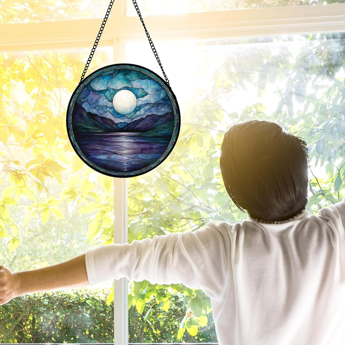Stained Glass Window Hanging, Blue Night Moon Lake Sun Catchers Colorful Glass Panel Landscape
