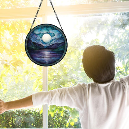 Stained Glass Window Hanging, Blue Night Moon Lake Sun Catchers Colorful Glass Panel Landscape