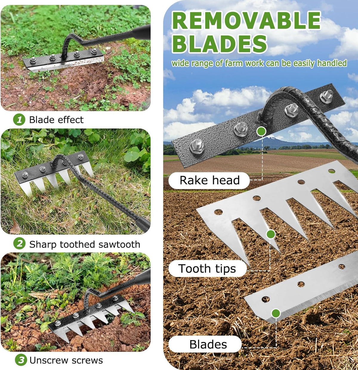 Gardenia Iron Weeding Rake, 2.0 Iron Weeding Rake with Long Handle, 6 Teeth Heavy Duty Puller Tools