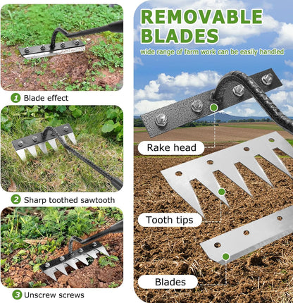 Gardenia Iron Weeding Rake, 2.0 Iron Weeding Rake with Long Handle, 6 Teeth Heavy Duty Puller Tools