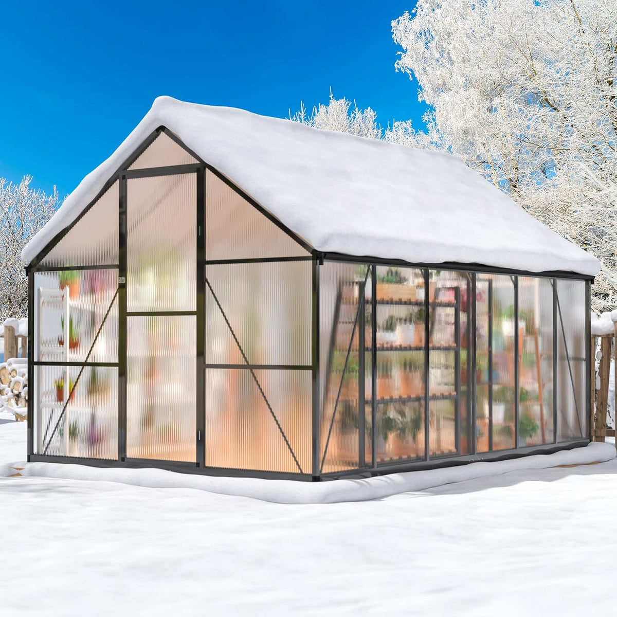 8×12 FT Greenhouse for Outdoors, Quick Setup Polycarbonate Greenhouse with Roof Vent, Walk in Green