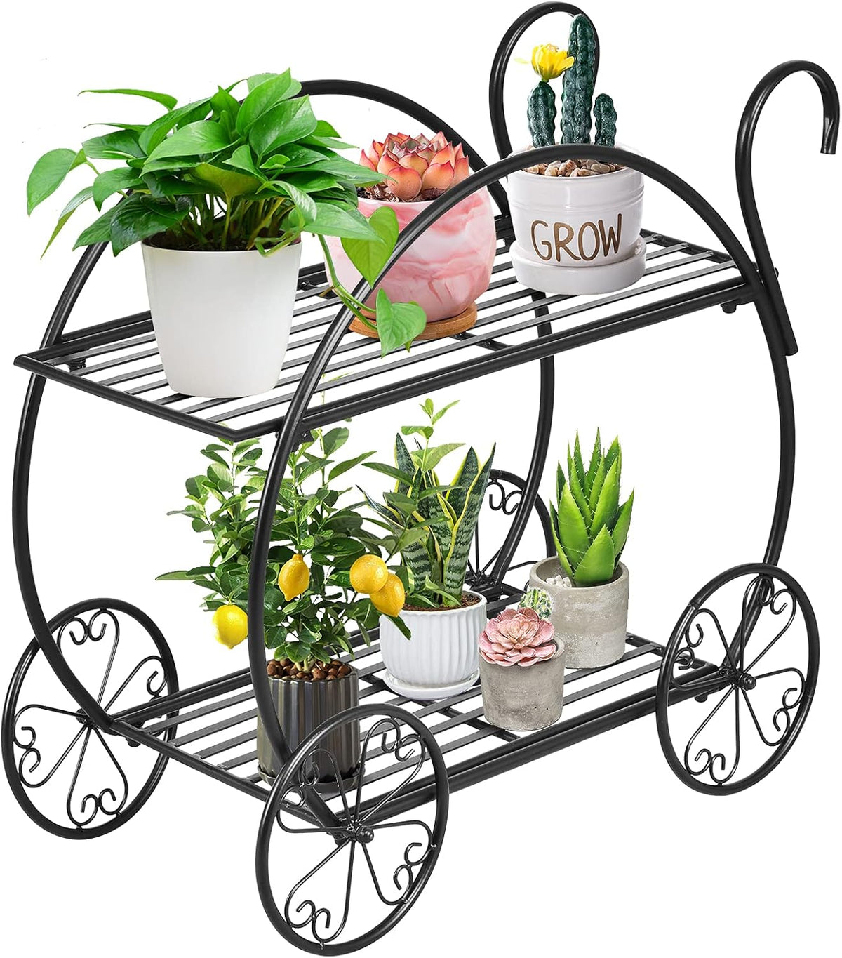 S AFSTAR Metal Plant Stand, Two Tiered Garden Cart Shelf for Indoor Outdoor Home Garden Patio