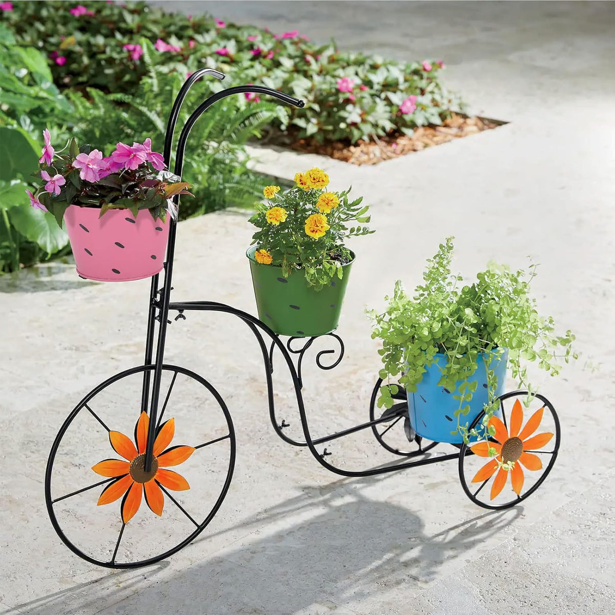 BAYN Bicycle Planter Stand, Metal Flower Pot Cart Holder with 3 Plant Bucket Outdoor Decorative for