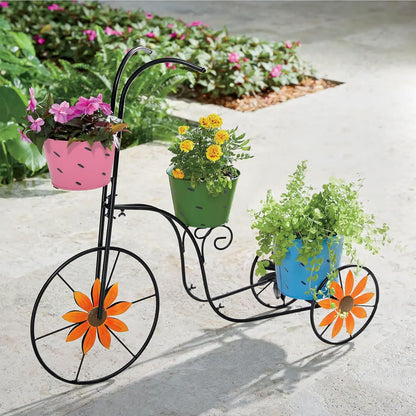 BAYN Bicycle Planter Stand, Metal Flower Pot Cart Holder with 3 Plant Bucket Outdoor Decorative for