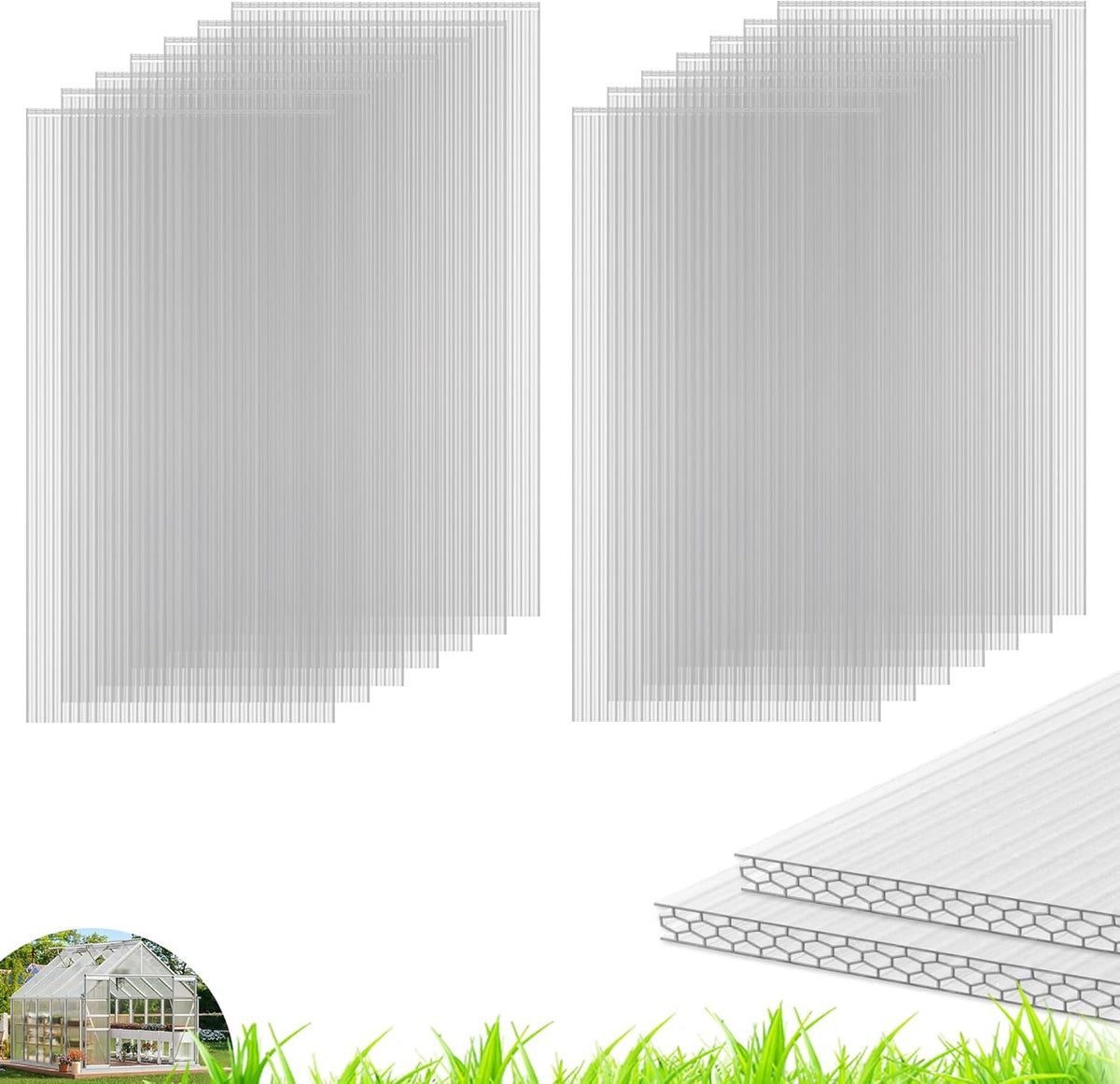 6PCS Polycarbonate Greenhouse Panels, 4' x 2' x 0.32'' Three-layer Honeycomb Panels Polycarbonate