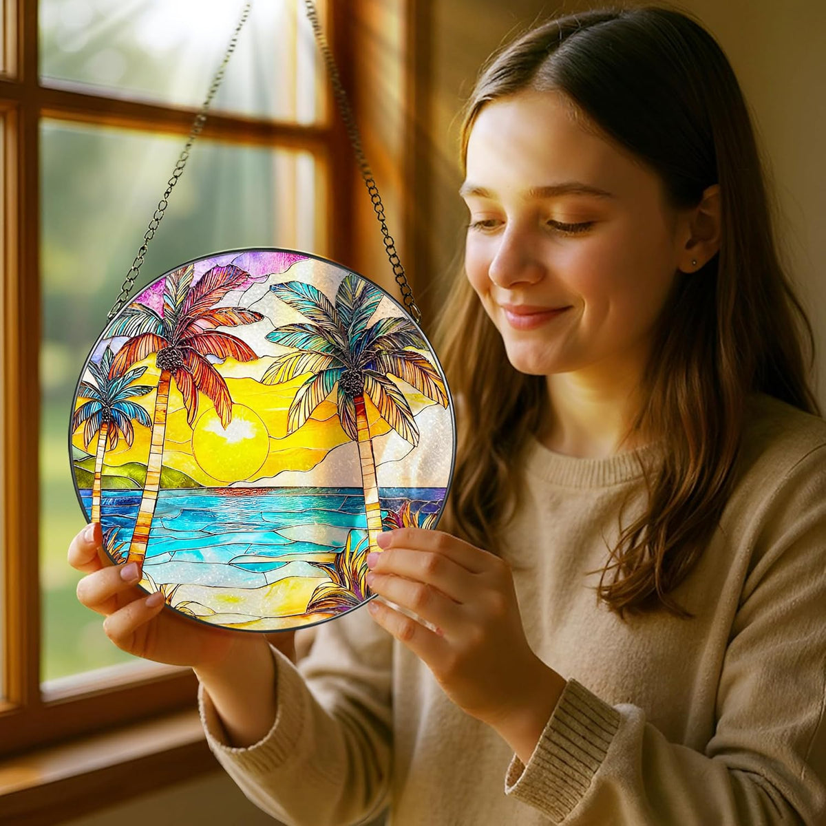 Stained Glass Window Hanging, 8 Inch Beach Sunset Stained Glass Suncatcher, Window Hanging Decor