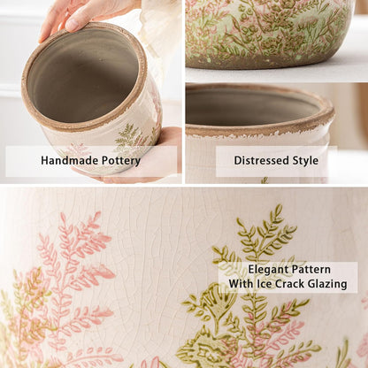 Vintage Pink and Green Ceramic Planter Set of 2, 4.7+5.7 Inch Rustic Flower Pots for Indoor Plants