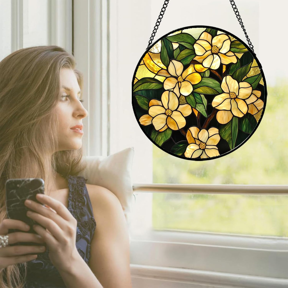 Stained Glass Window Hanging - Yellow Flower Green Leaf Suncatcher for Doors Garden Patio Fall