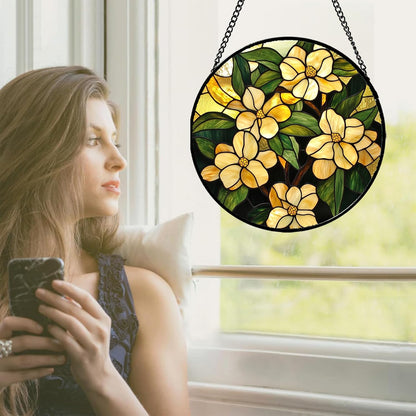 Stained Glass Window Hanging - Yellow Flower Green Leaf Suncatcher for Doors Garden Patio Fall