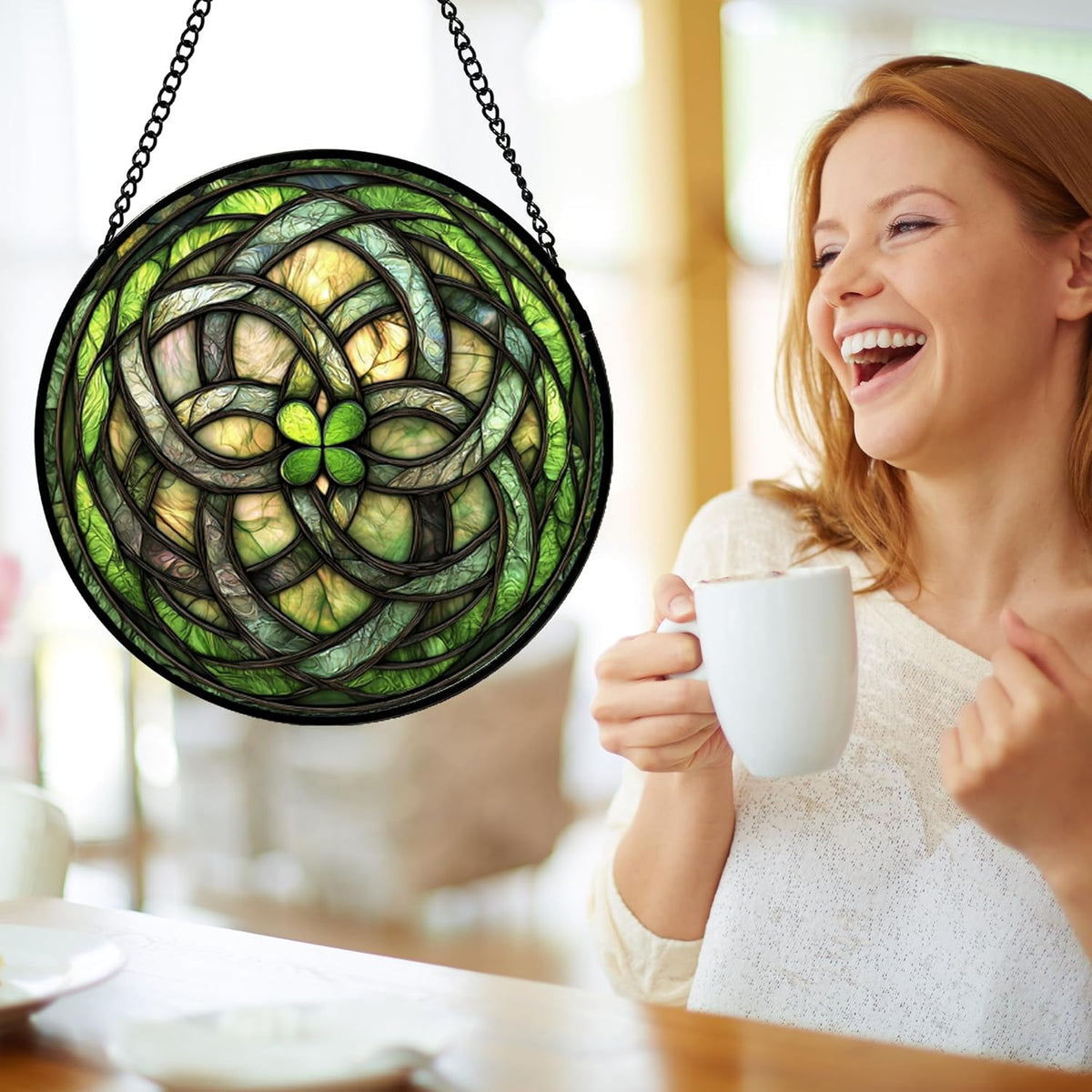 Stained Glass Window Hanging, Abstract Green Clover Sun Catchers Colorful Glass Panel Bless