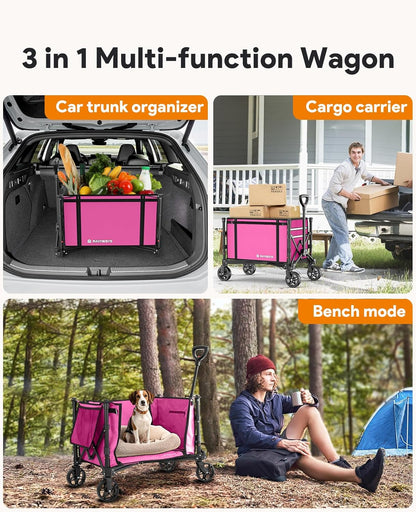 3 in 1 Collapsible Wagon Converts to Bench, 220lbs Foldable Wagon Cart with Wheels, 120L Shopping