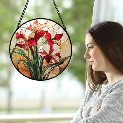 Stained Glass Window Hanging - Red Gladiolus Flower Suncatcher for Door Yard Sun Catchers Decor
