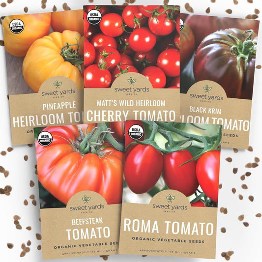 Organic Tomato Seeds Variety Pack - 5 Individual Packs - 2025 Season - Roma, Beefsteak, Cherry