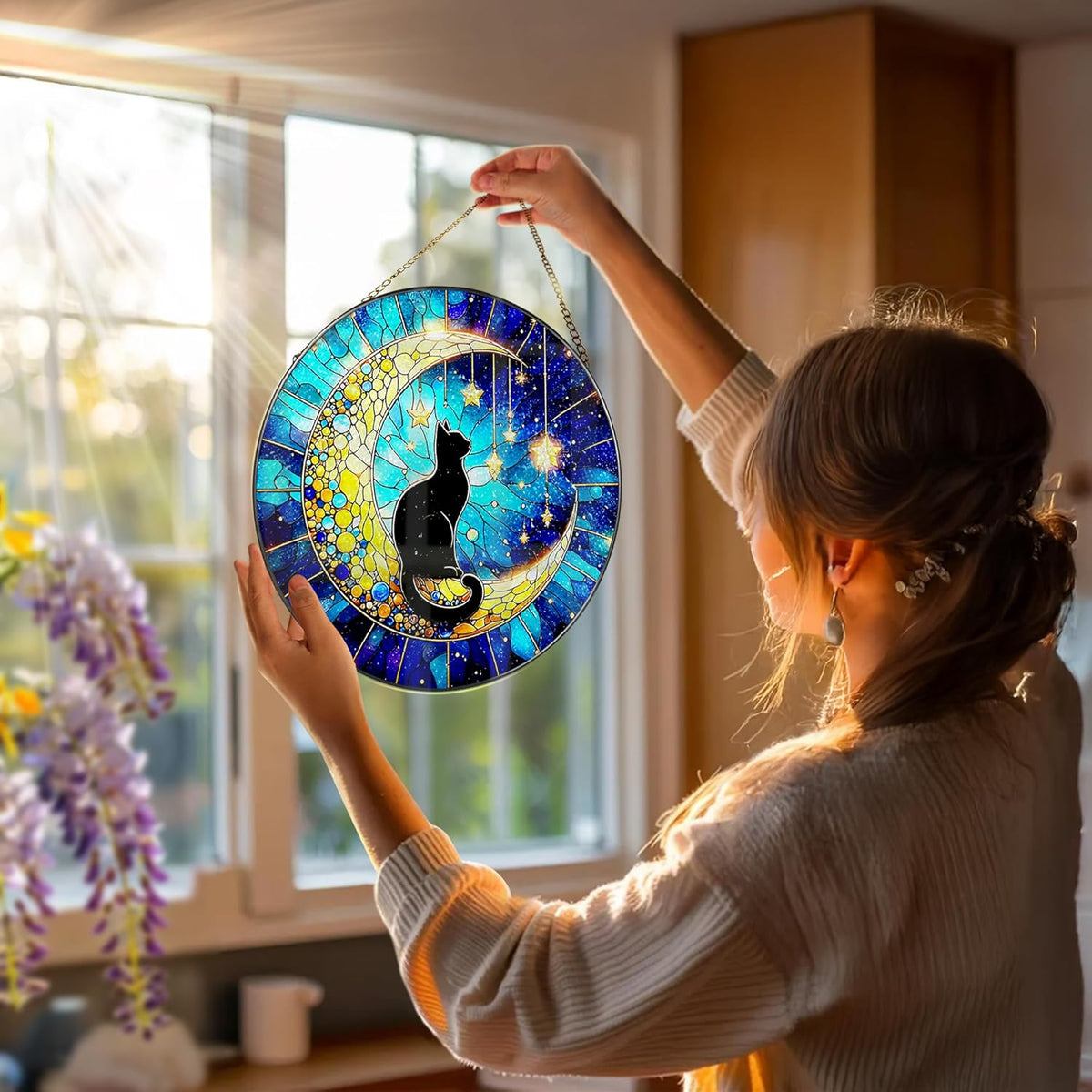 8 Inch Stained Glass Suncatcher Ornament, DOUHASU Black Cat Sun Catchers Indoor Window, Stained