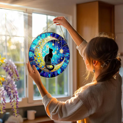 8 Inch Stained Glass Suncatcher Ornament, DOUHASU Black Cat Sun Catchers Indoor Window, Stained