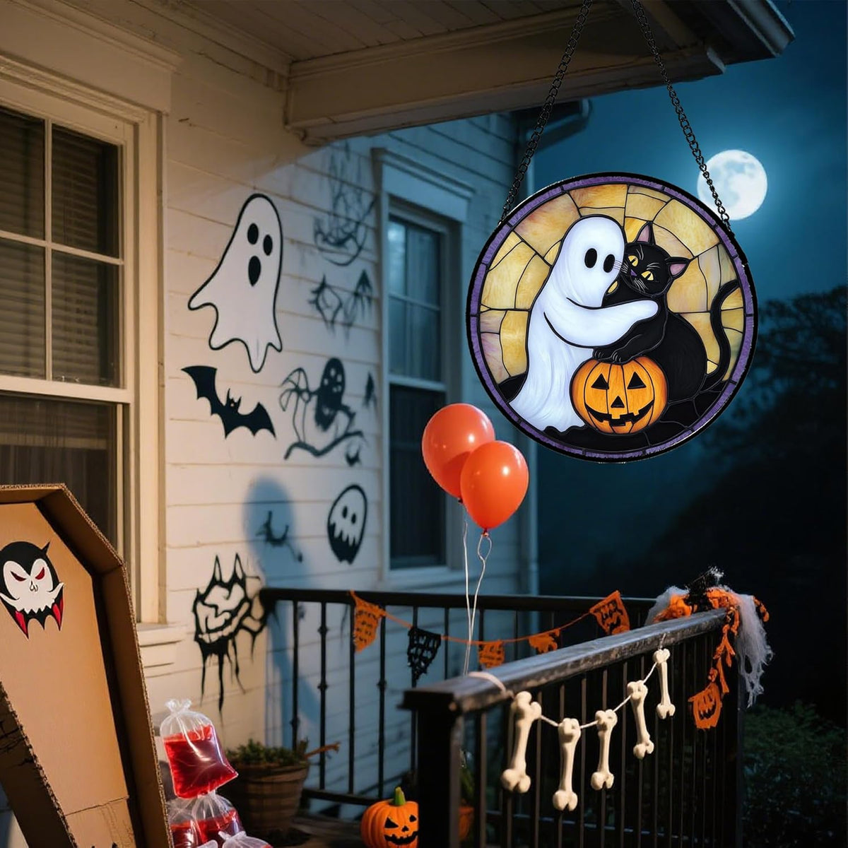 Stained Glass Window Hanging - Halloween Decorations Cute White Ghost Black Cat Suncatcher for