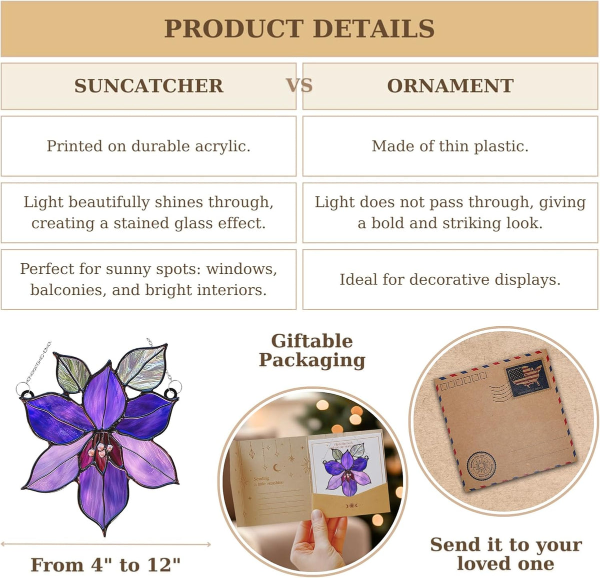 Purple Clematis Acrylic Suncatcher Stained Glass Effect Window Car Hanging Christmas Ornament