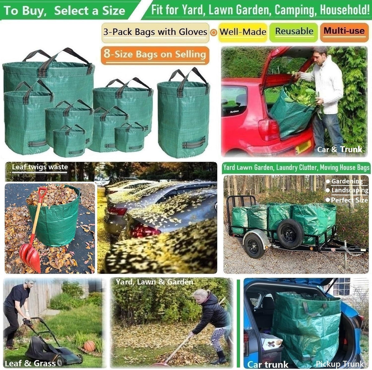 Professional 3-Pack 72 Gallons Yard Lawn Garden Bags (D26, H30 inches) with Coated Garden