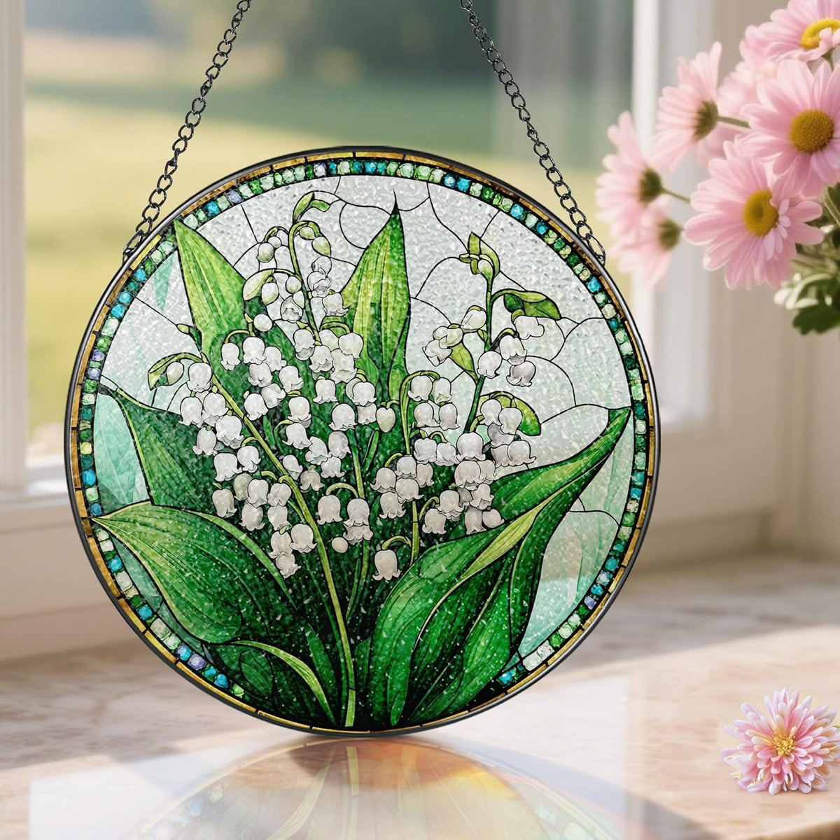 8-Inch Stained Glass Ornament, Stained Glass Window Hanging, Lily of Valley Flower Ornament, Window