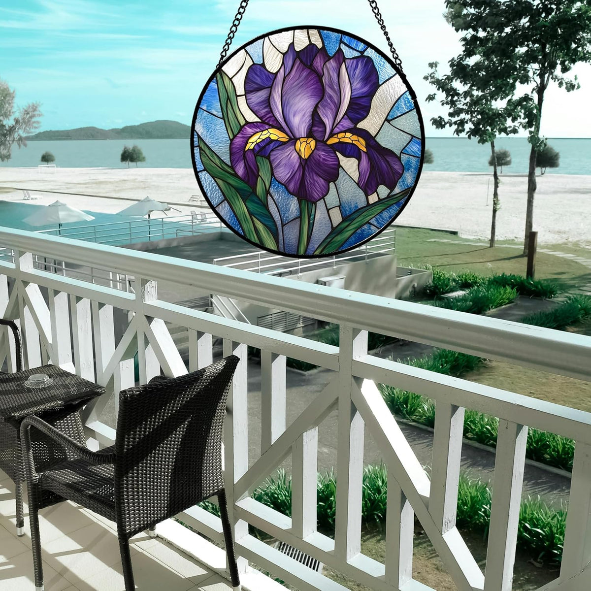 Stained Glass Window Hanging - Iris Birth Flower Suncatcher for Doors Garden Yard Purple Blue Sun