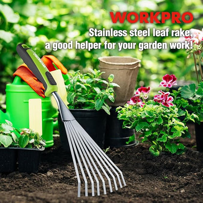 WORKPRO 16" Hand Rake, Heavy Duty Stainless Steel Garden Rake with Soft Handle, Small Garden Hand