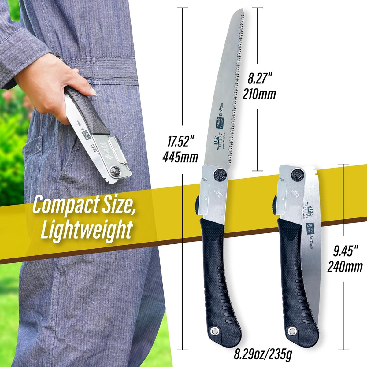 SUIZAN Japanese Folding Saw 8.3" Versatile for Wood - Compact Handsaw Pruningsaw Garden Woodworking