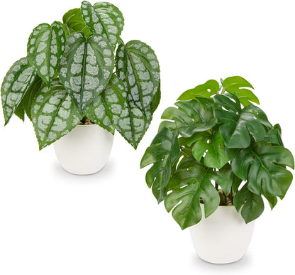 Fake Plants Small Artificial Plants Indoor Set of 2 Faux Plants with Pots Realistic Monstera Fake