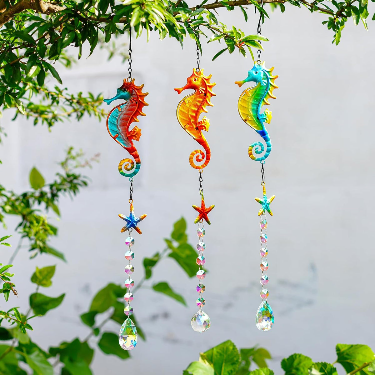 3PCS Metal Seahorse & Starfish Hanging Sun Catchers with Crystals, Colorful Crystal Prisms Stained