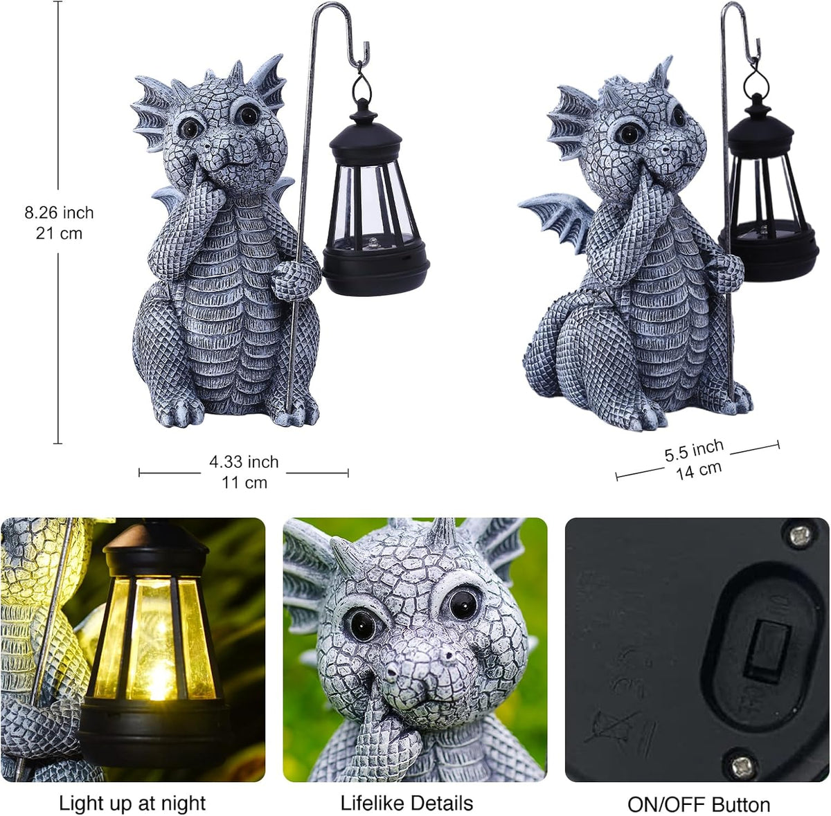 Goodeco Dragon Statue with Solar Lantern - Garden Decor for Lawn, Patio, and Yard - 8.3 inches