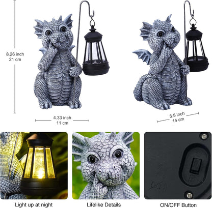 Goodeco Dragon Statue with Solar Lantern - Garden Decor for Lawn, Patio, and Yard - 8.3 inches
