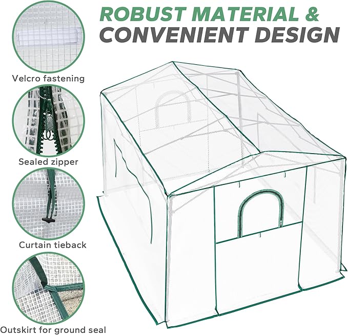 8.7'x 6.6'x 7' Small Walk-in Greenhouse for Outside & Indoor with 2 Roll-up Zipper Doors, 4
