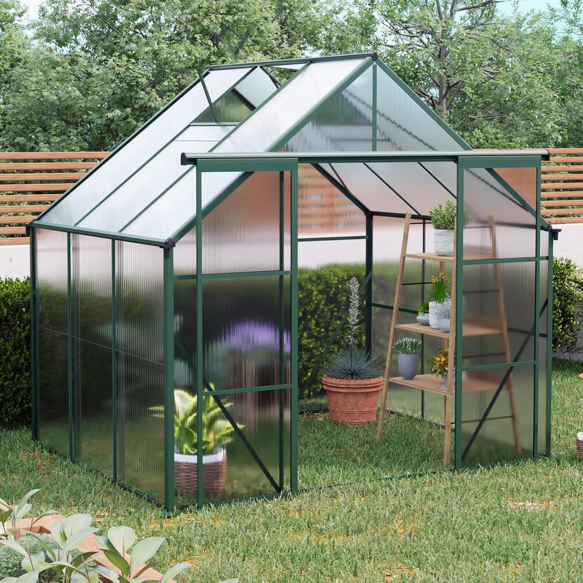 KEIKI 8x6 FT Double Door Polycarbonate Greenhouse with Aluminum Frame,Raised Base and Roof