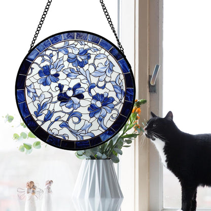 Stained Glass Window Hanging, Blue and White Abstract Flowers Sun Catcher for Door Home Decor