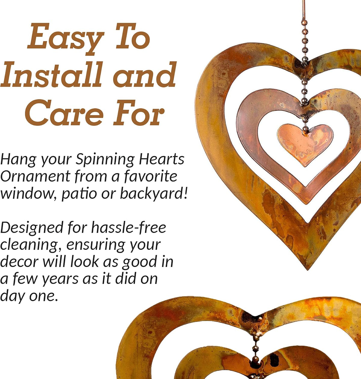 Happy Gardens Hanging Heart Ornament Spinner with a Flamed Finish | Outdoor Heart Decorations for