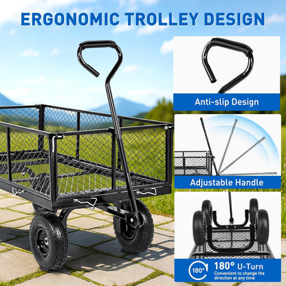 Yesker Steel Garden Carts - 1100lbs Dump Wagon with All Terrain Inflatable Wheels for Yard Lawn
