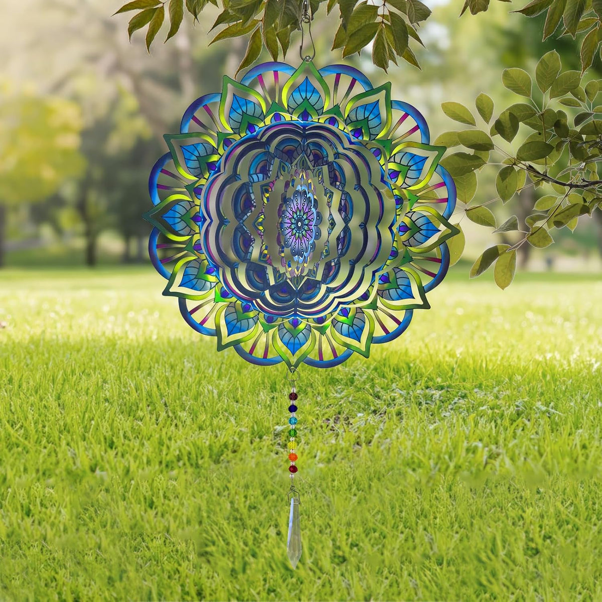 Mandala Wind Spinners Outdoor with Gazing Ball Spiral Tail, Marzovitra Stainless Steel 3D Kinetic