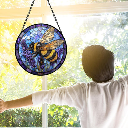 Stained Glass Window Hanging, Bee Lavender Sun Catchers Diamond Glass Panel Hangings Insect
