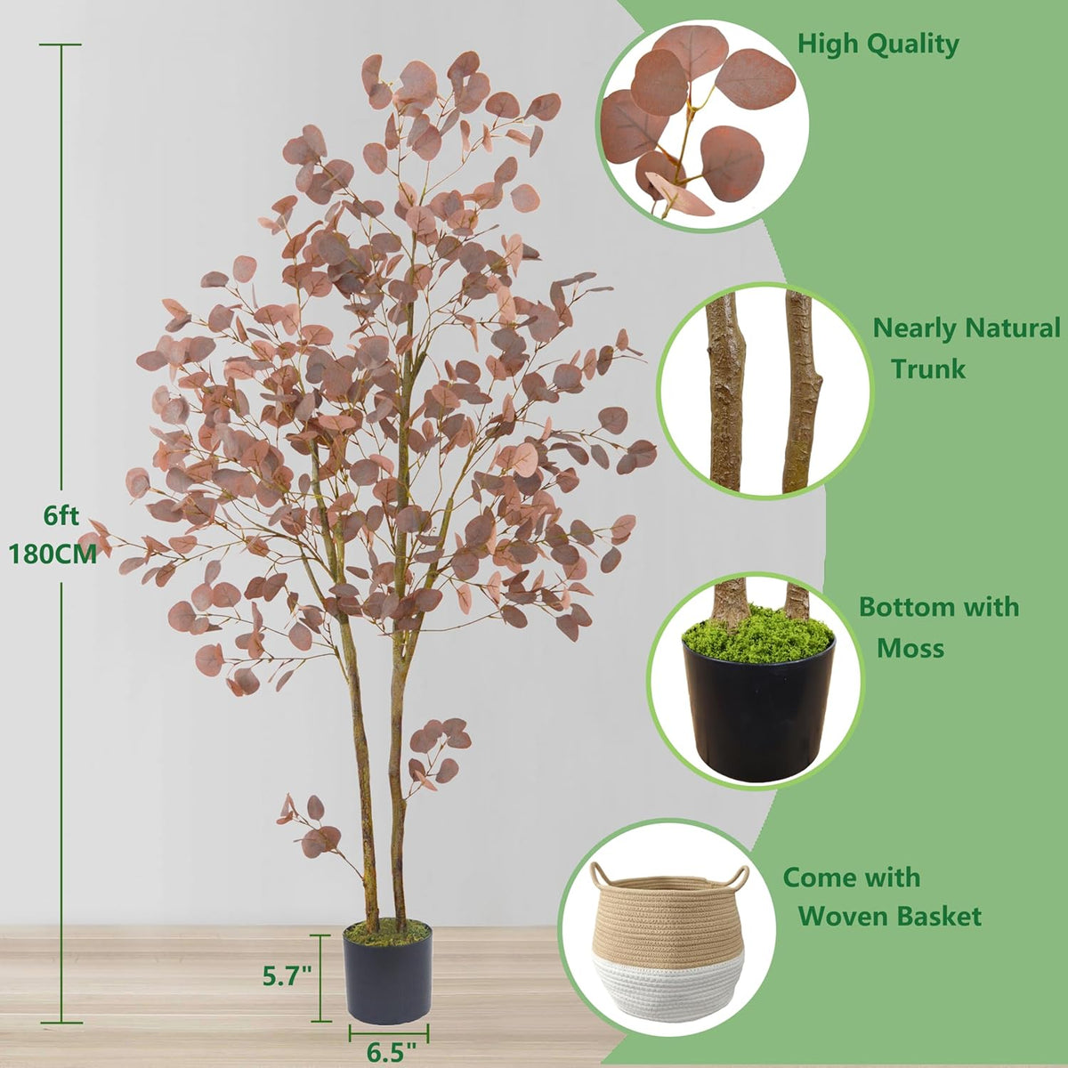 Artificial Eucalyptus Tree, 6ft Fake Eucalyptus Plant with Basket, Red Silver Dollars Silk Leaves