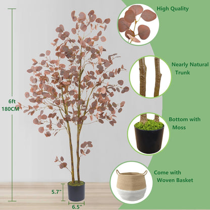 Artificial Eucalyptus Tree, 6ft Fake Eucalyptus Plant with Basket, Red Silver Dollars Silk Leaves