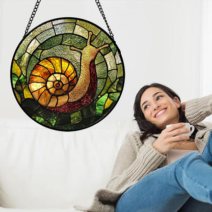 Stained Glass Window Hanging, Green Orange Snail Sun Catcher for Door Home Decor Suncatcher