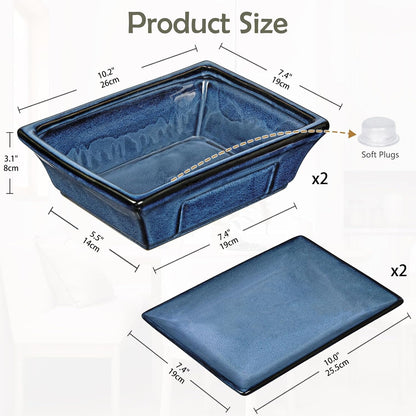 Large Ceramic Bonsai Pots with Drainage Trays Set of 2, 10" Blue Glazed Bonsai Planters for