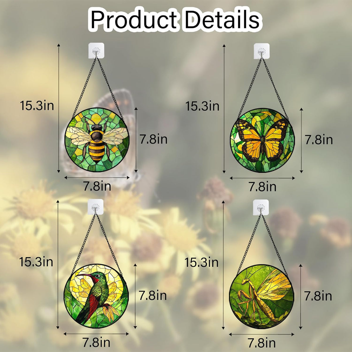 Stained Glass Window Hanging 4 Pcs Set Green Plants Yellow Insect Theme 6.3" - Suncatcher Door