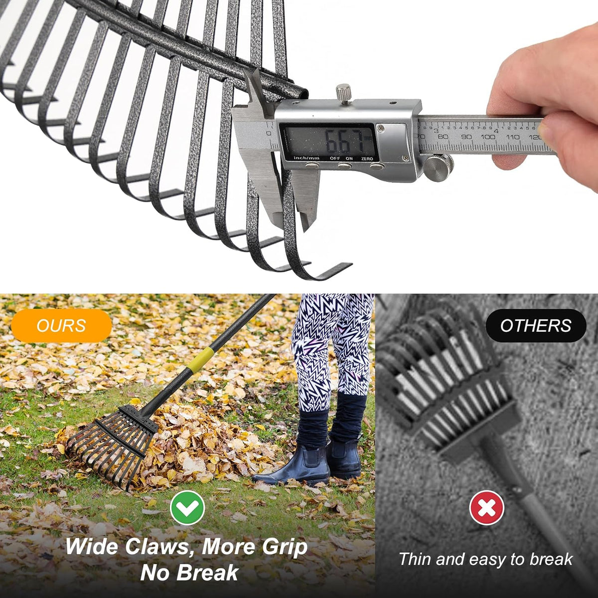 73" Leaf Rake- 11 Metal Tines 8.5" Wide- Small Leaves Rakes for Gardening- Adjustable Metal Leaf