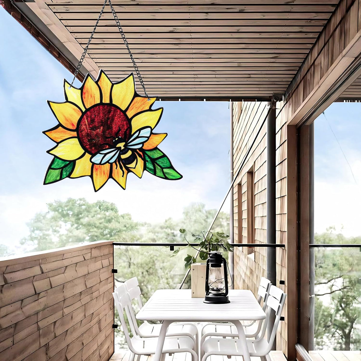 Stained Glass Suncatcher, Sunflower and Ladybug Window Hanging, Hand-Painted (Style 3)