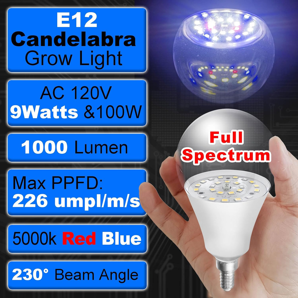 E12 Candelabra Small Base Grow Light Bulbs for Indoor Plants Full Spectrum 9W Grow Lamp 100W