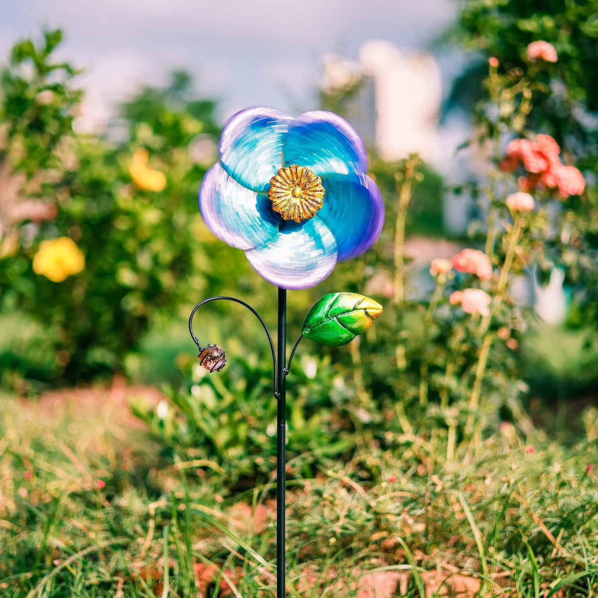 Viveta Wind Spinner with Metal Stake, 28.7 inches Outdoor Garden Pinwheels Spinners Blue Flower